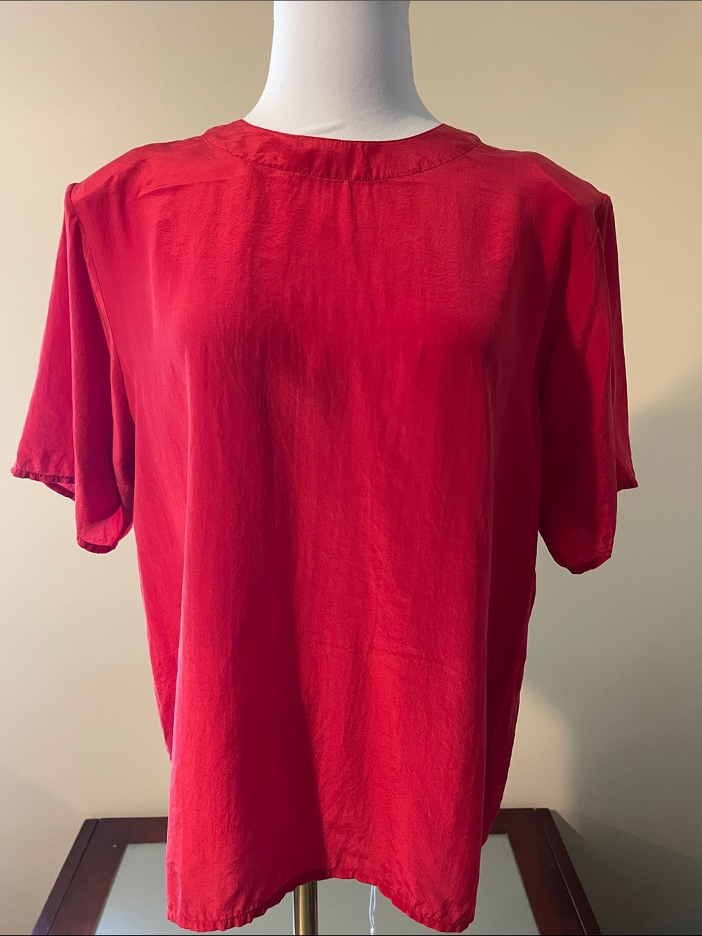 Vintage 80s Silk Red Women's Short Sleeve Blouse | M